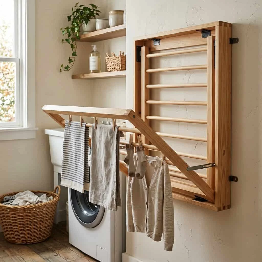 Slatted wood fold-down drying rack mounted on a wall
