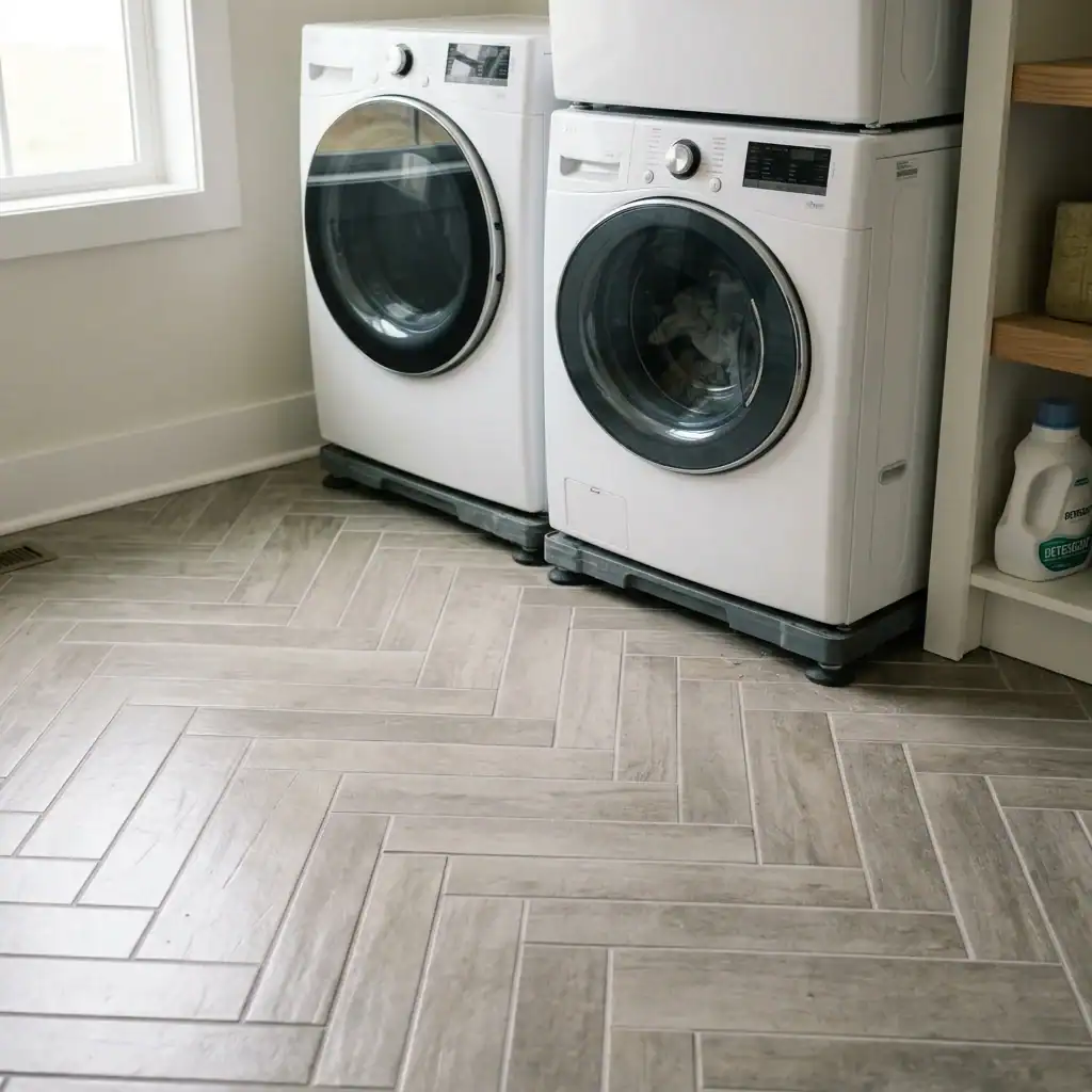 Herringbone porcelain tile floor in a warm greige laundry room