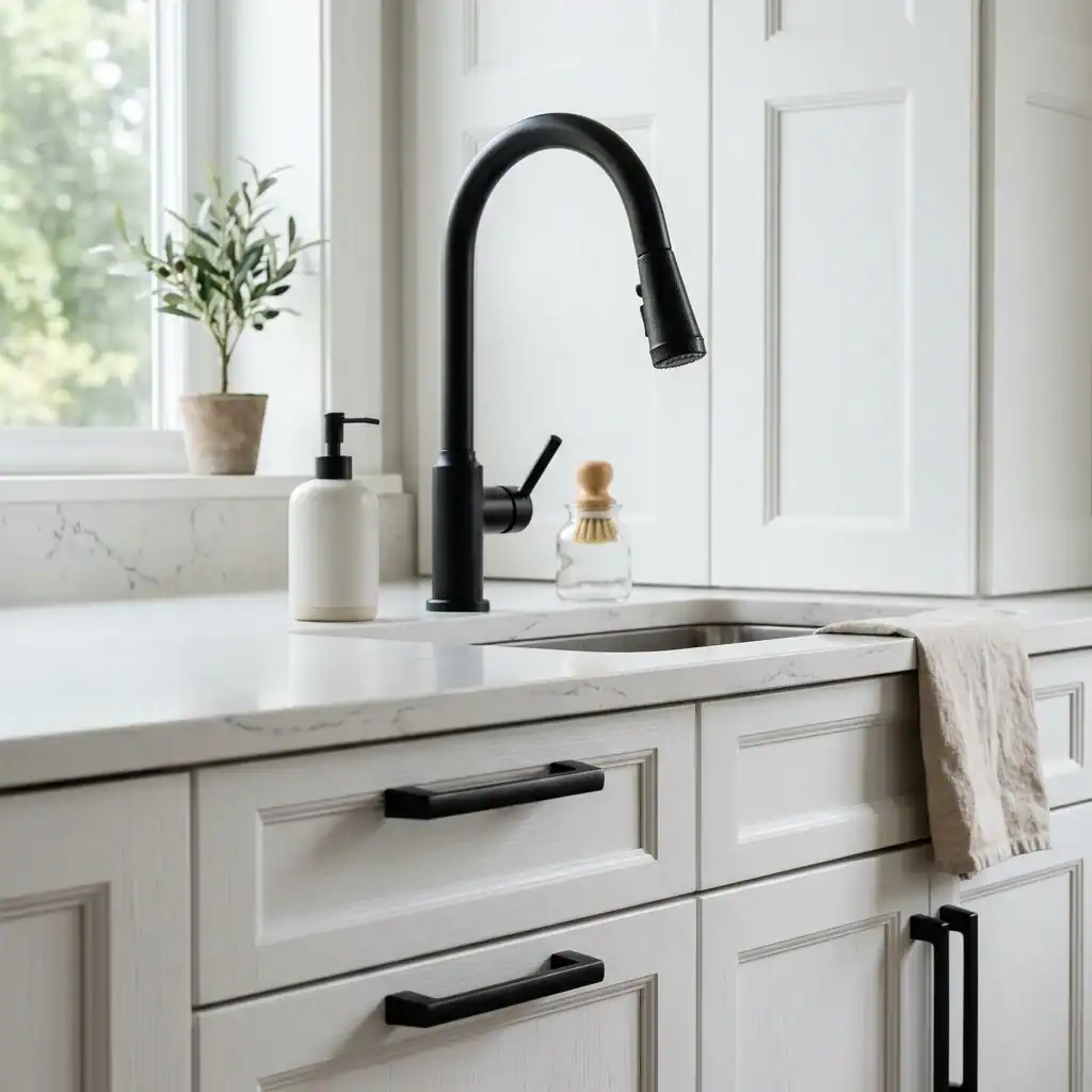 Matte black cabinet pulls and faucet in a laundry room