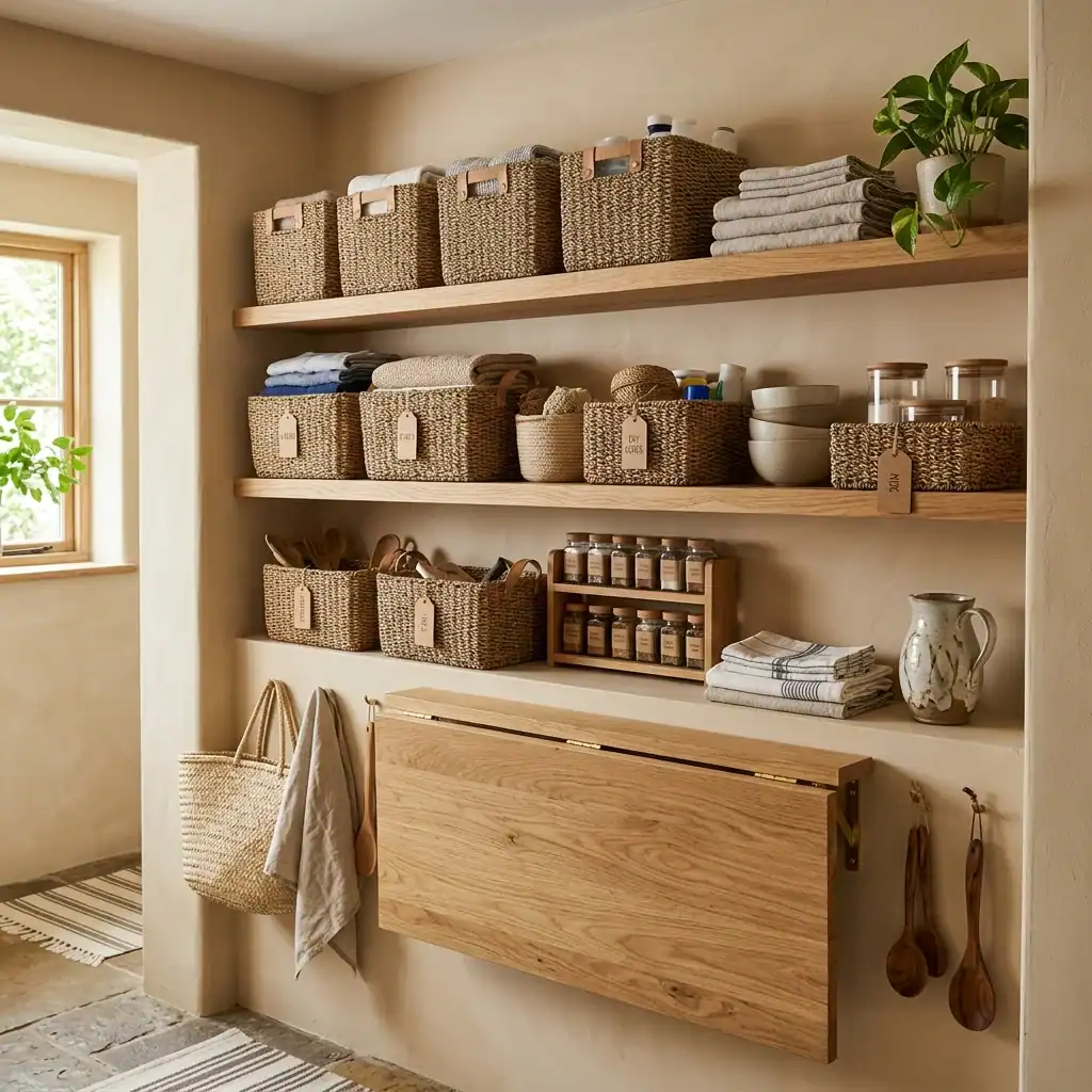 Open oak shelves with woven baskets in a laundry room