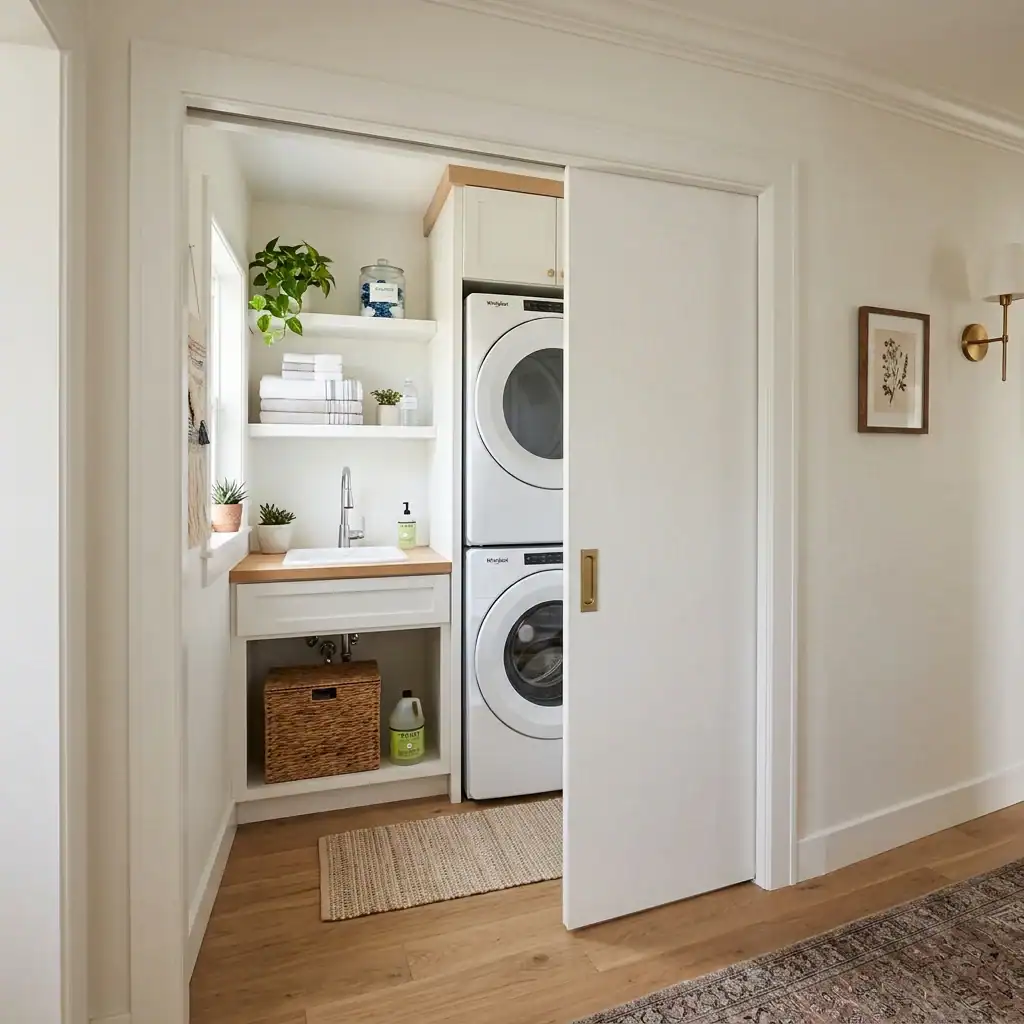 Pocket door concealing a laundry nook off a hallway