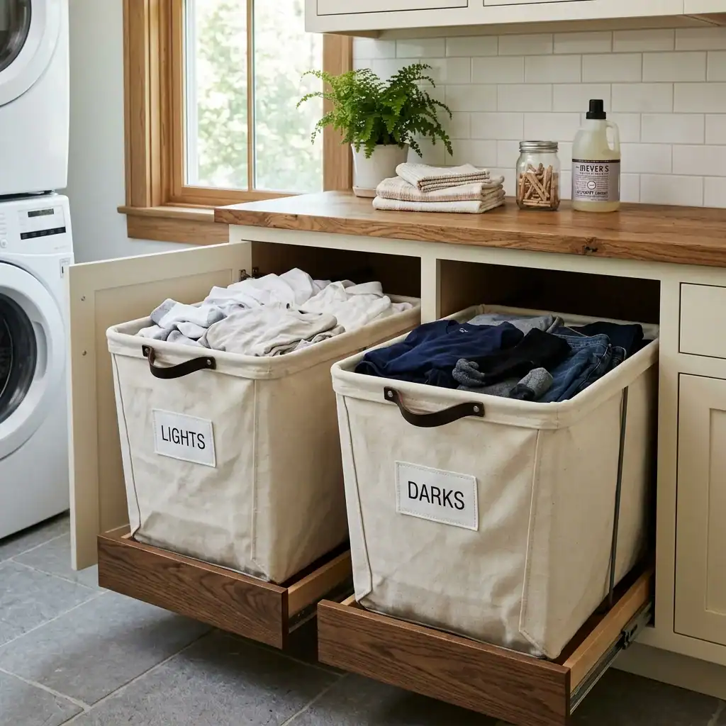 Pull-out canvas hamper drawers labeled lights and darks