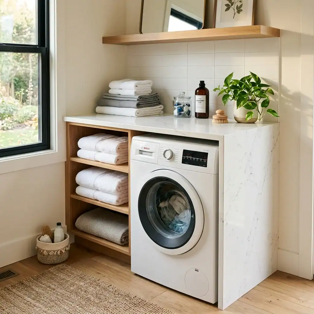 White quartz folding counter beside a stacked washer and dryer