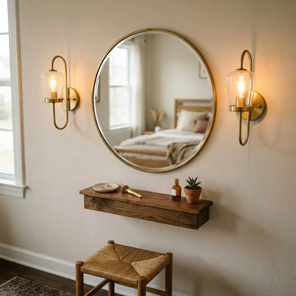 Brass sconces flanking a round mirror in a laundry room
