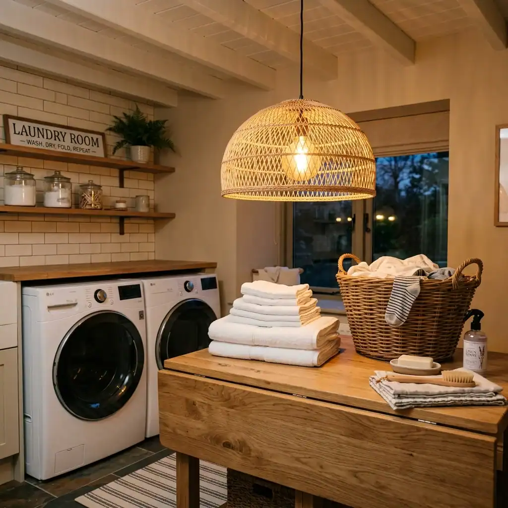 Rattan pendant light above a laundry folding counter