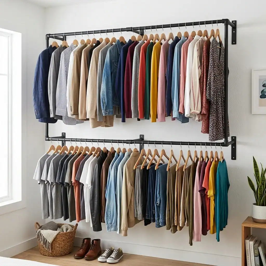 Two-tier hanging drying rod system in a laundry room