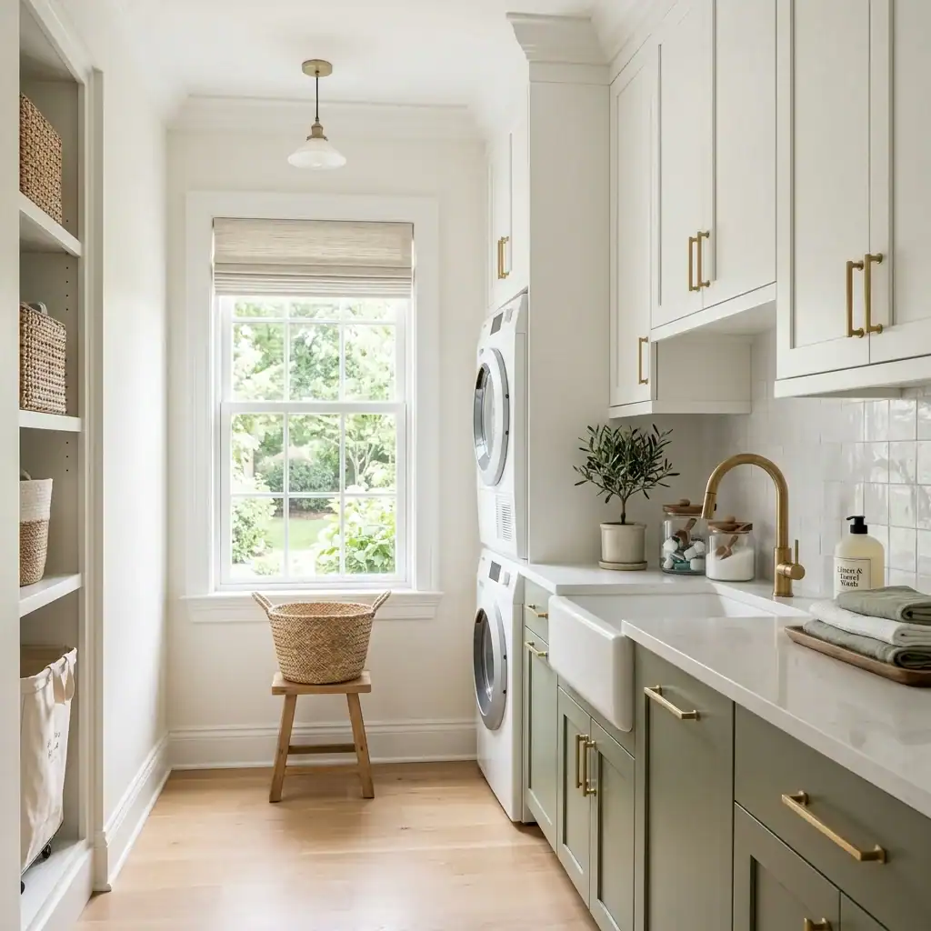Two-toned sage and white shaker cabinets in an elegant laundry room