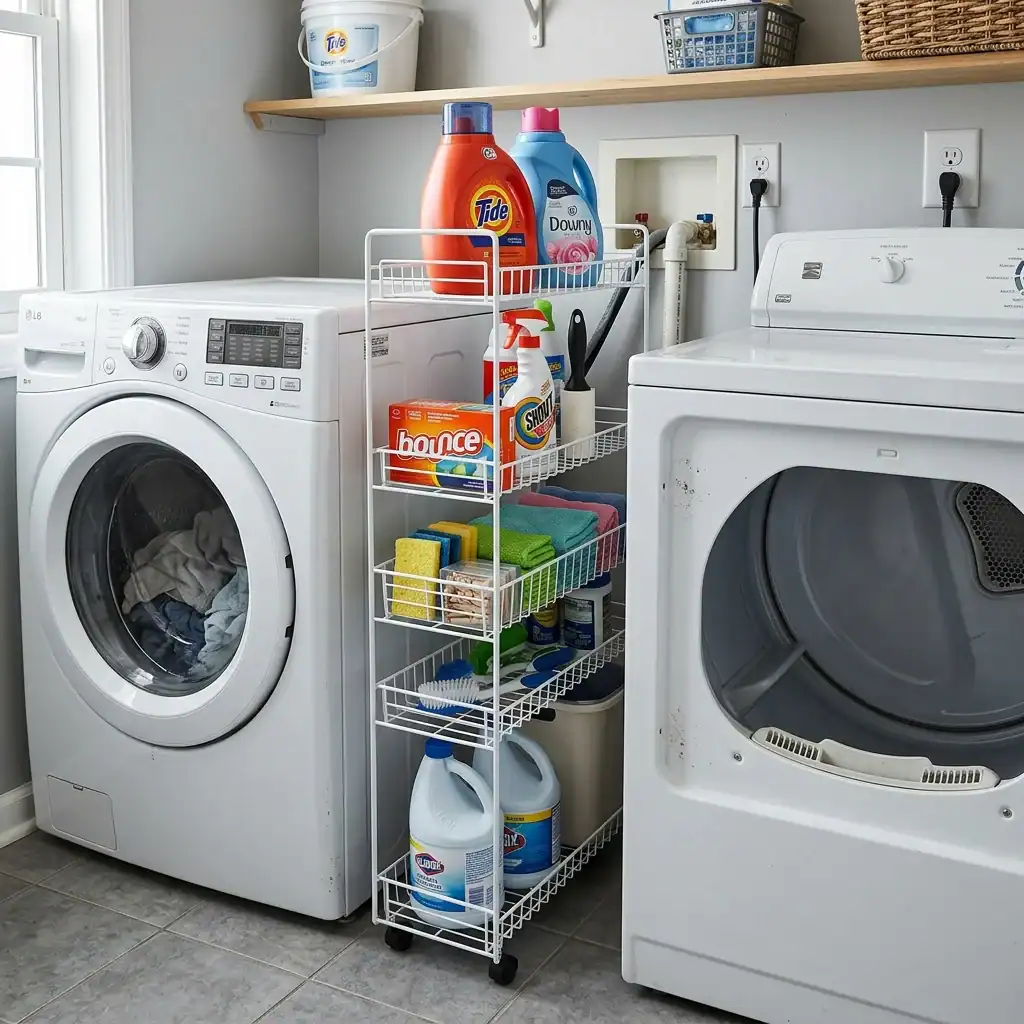 Slim pull-out storage tower between washer and dryer