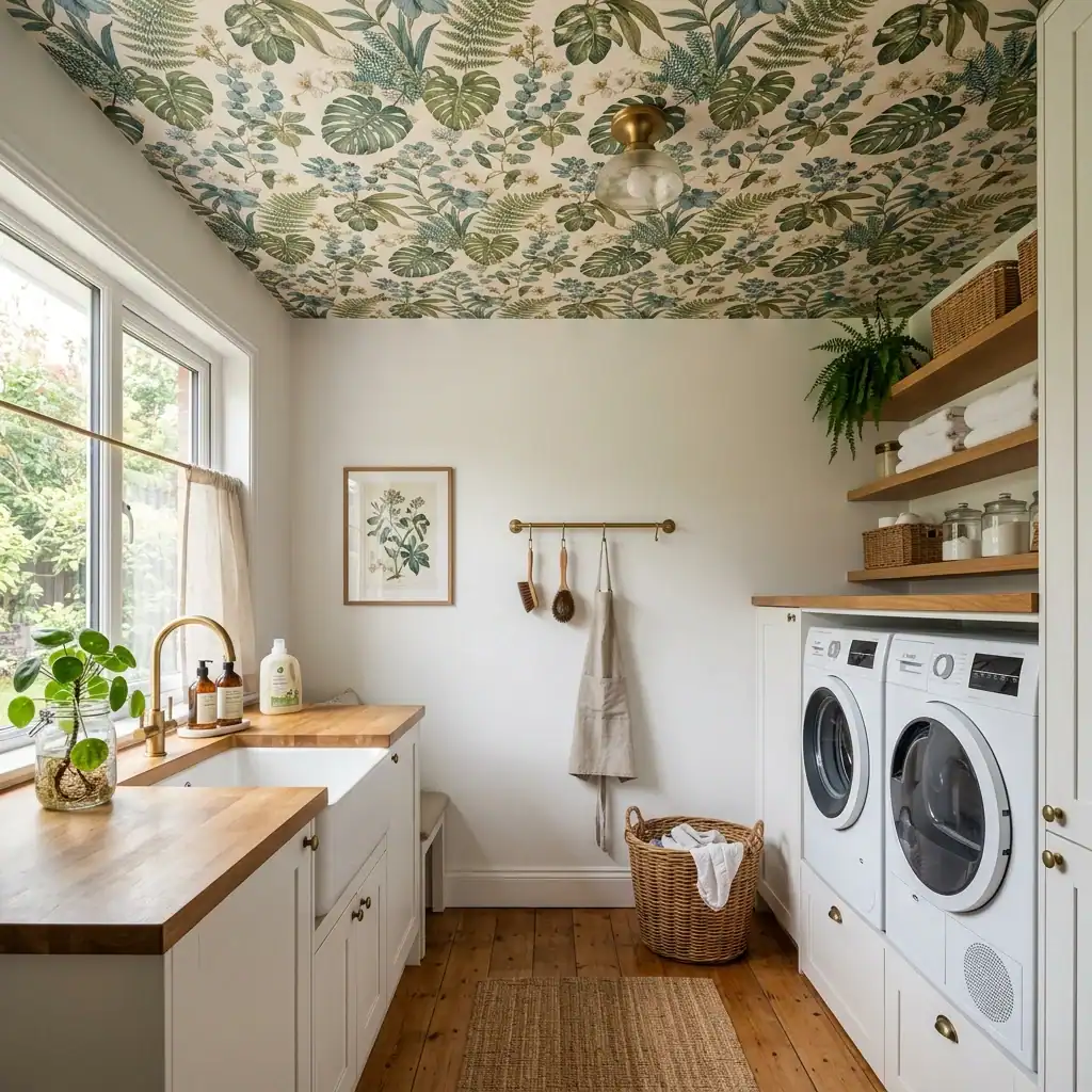 Botanical wallpapered ceiling above a white laundry room