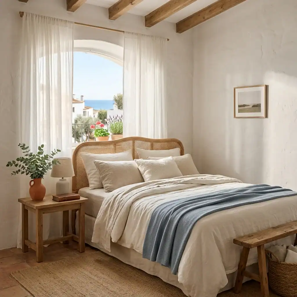 Mediterranean coastal bedroom with linen bedding and rattan headboard details