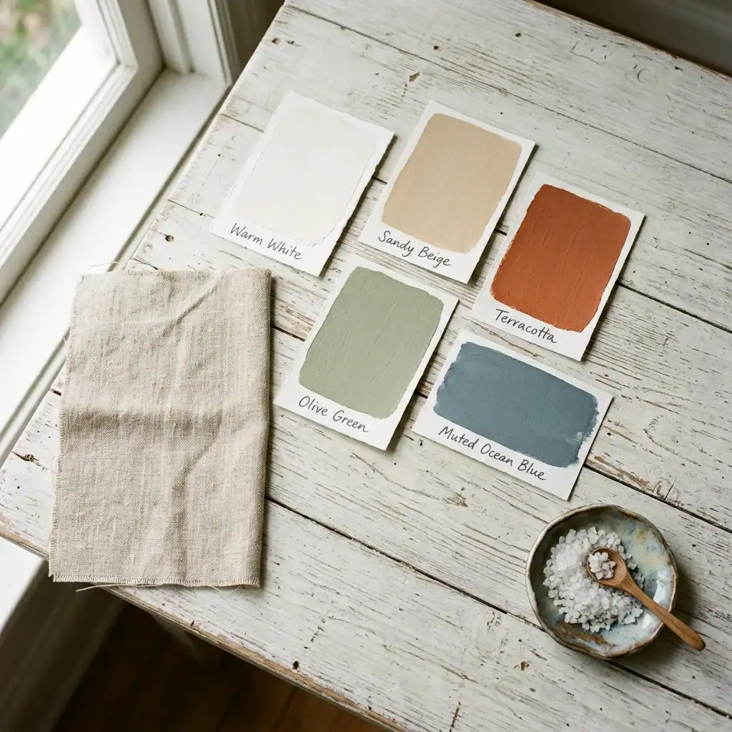 Mediterranean coastal color palette swatches with terracotta and ocean blue tones