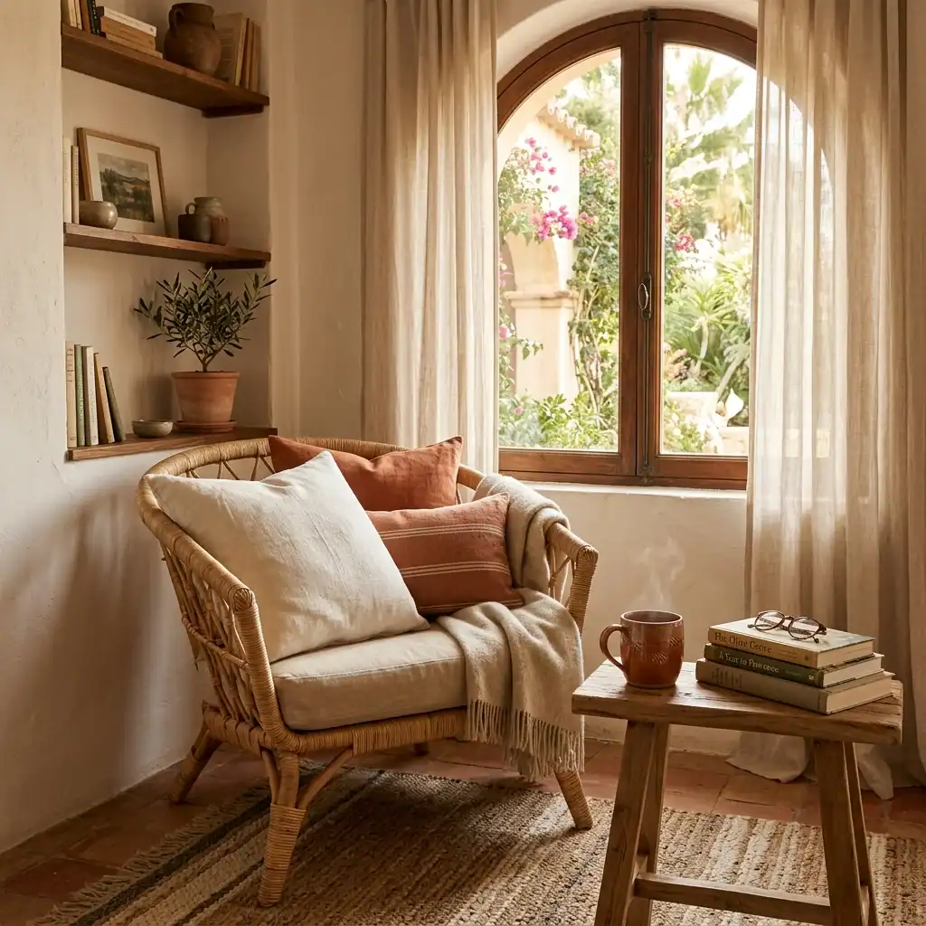 Mediterranean coastal furniture with rattan chair and linen cushions in nook