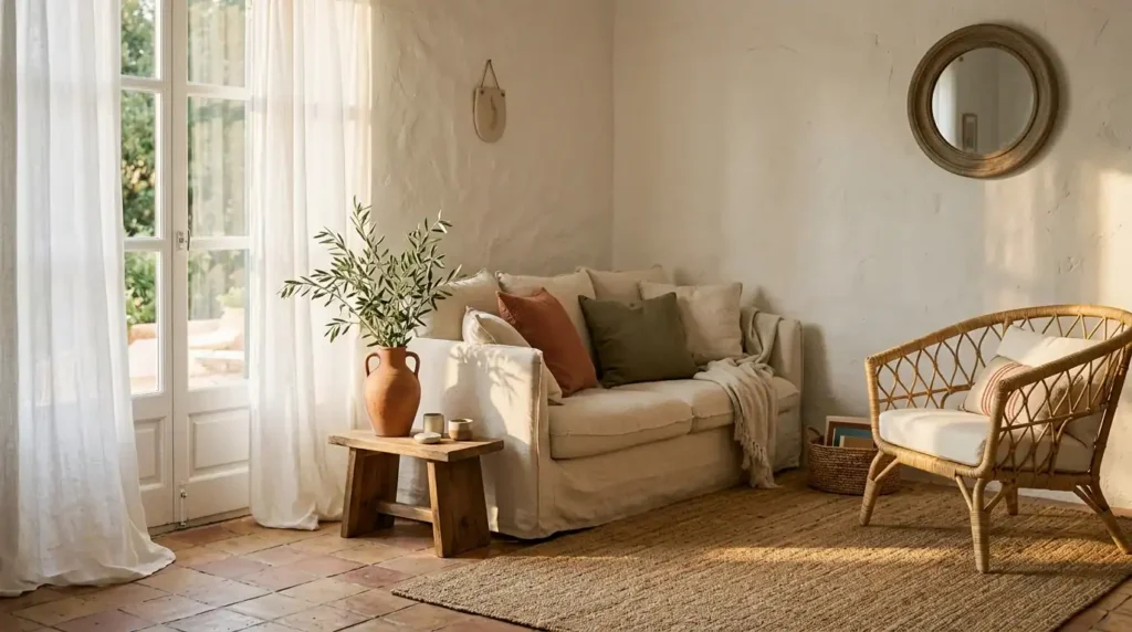 Mediterranean coastal home aesthetic living room with white plaster walls and linen