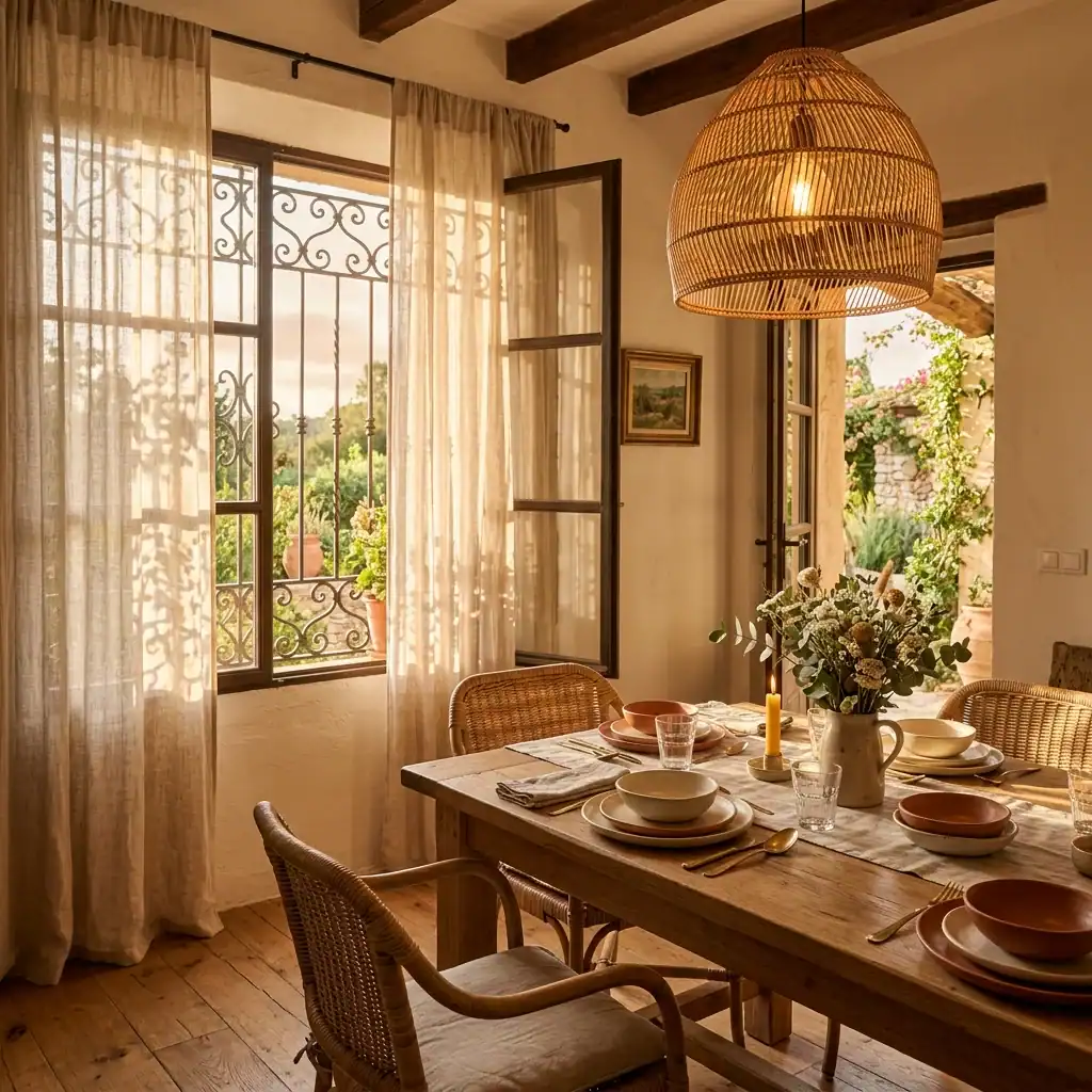 Mediterranean coastal dining room lighting with rattan pendant and sunlight