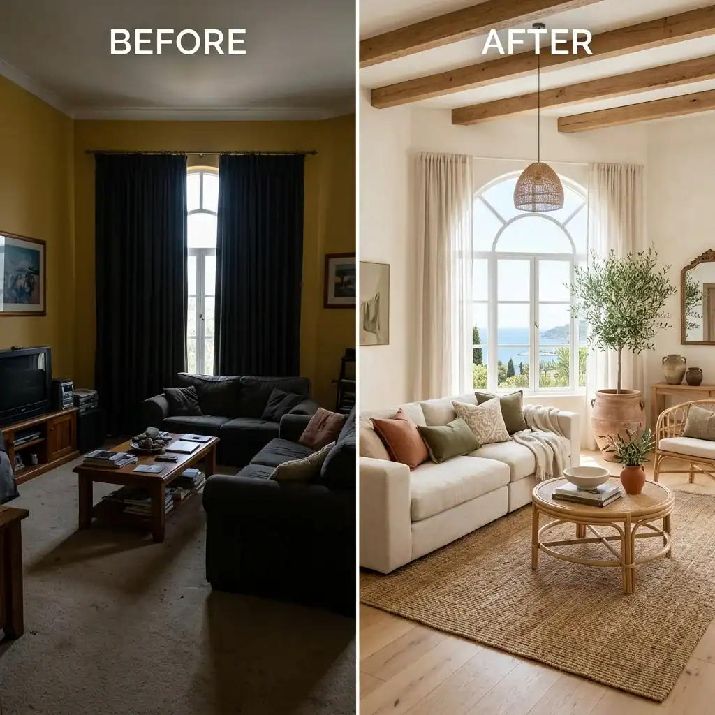 Mediterranean coastal living room makeover with linen sofa and jute rug