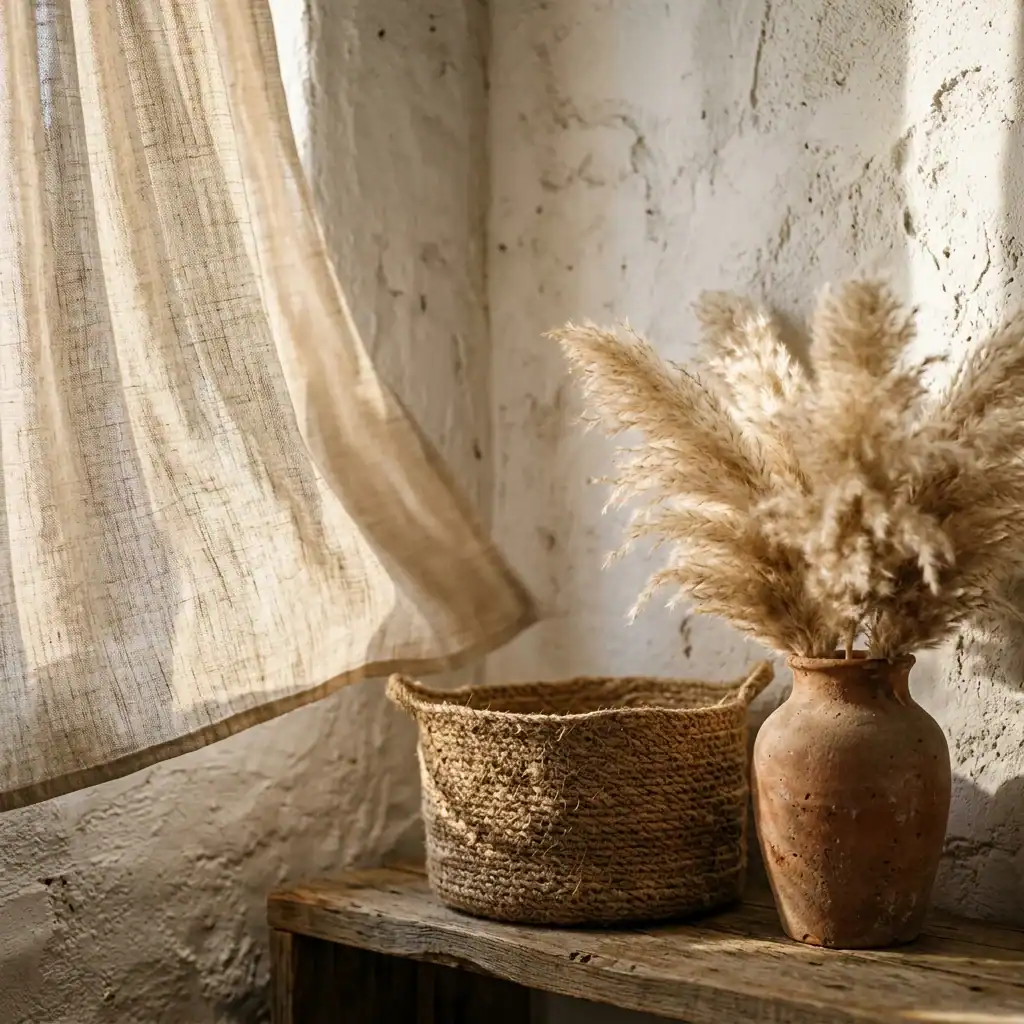 Mediterranean coastal textures including plaster wall and woven natural materials