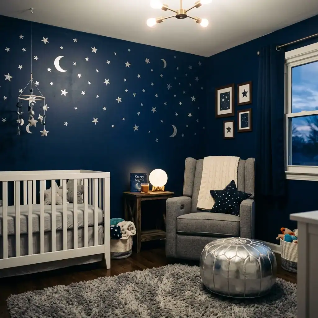 Midnight blue nursery walls with silver star decals.
