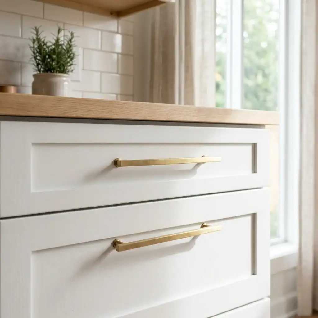 brushed brass minimalist cabinet hardware on white kitchen cabinets