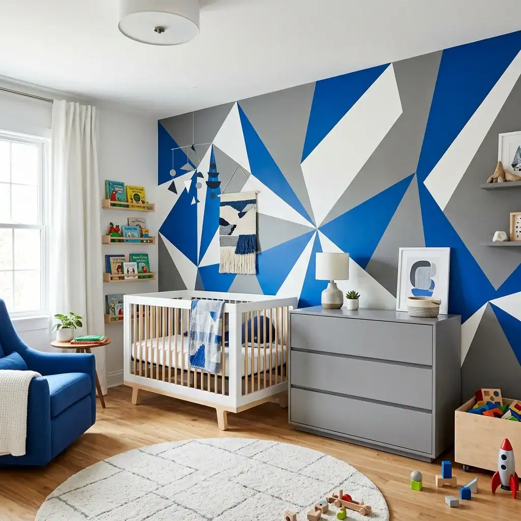 Cobalt blue and pewter gray geometric nursery wall.