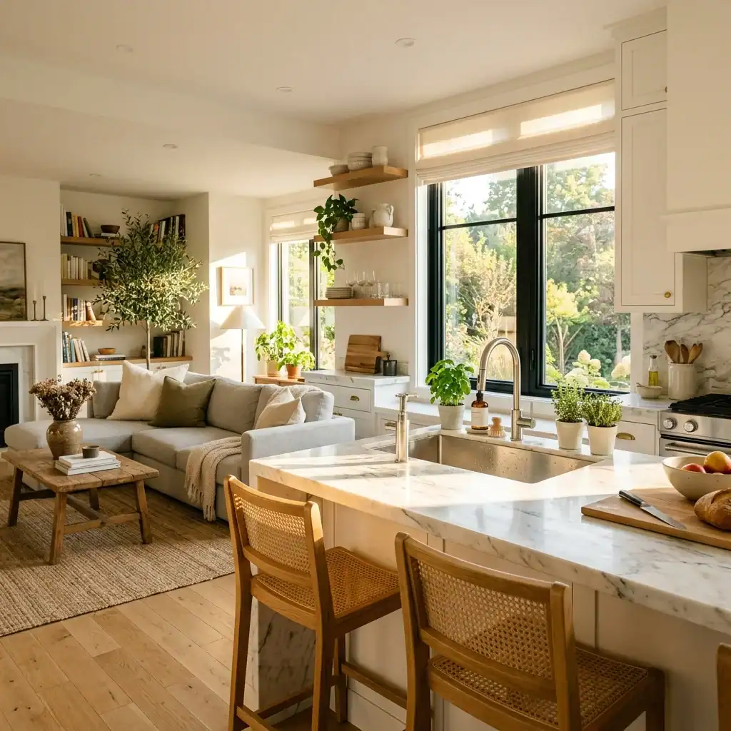 large window above kitchen sink bringing natural light into open layout