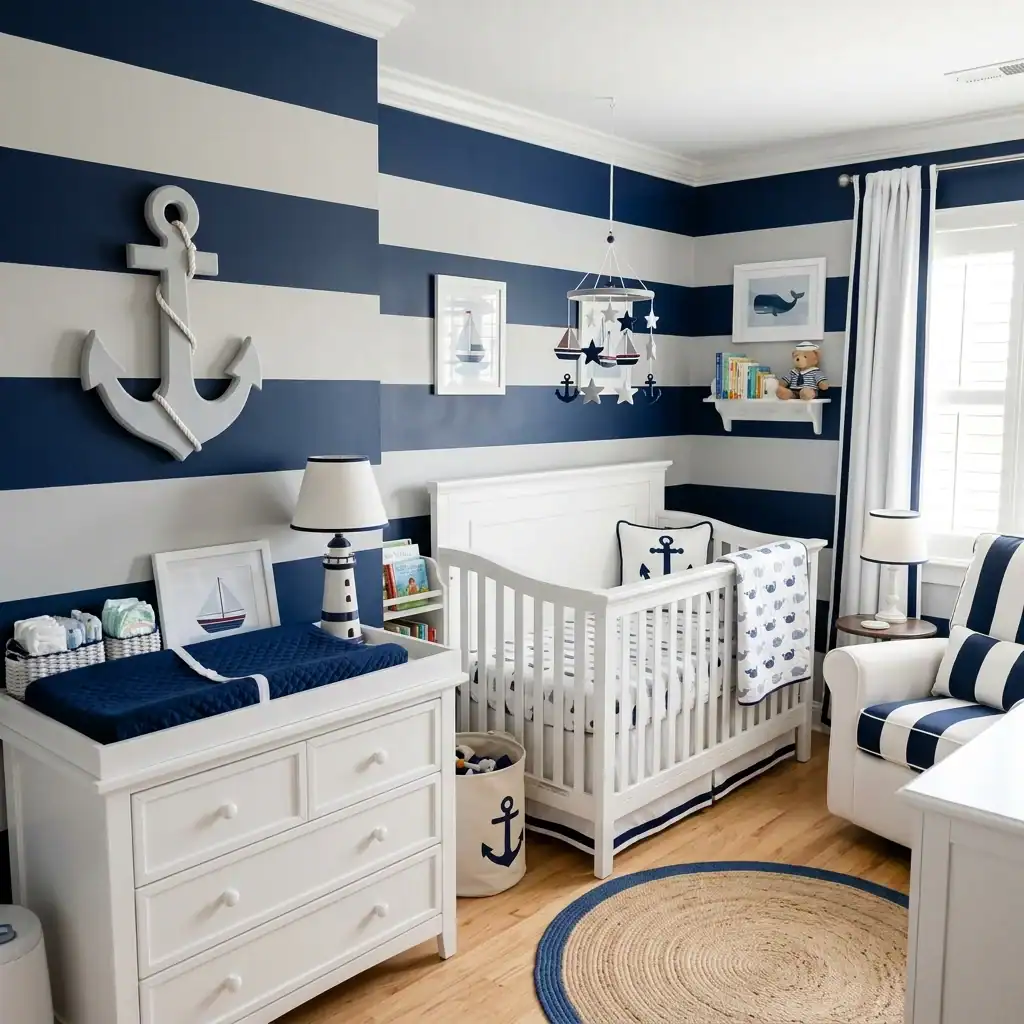 Nautical themed nursery with navy and pearl gray.