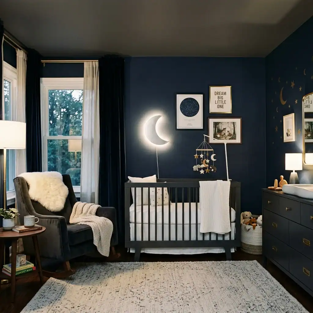 Navy blue and charcoal celestial nursery theme.