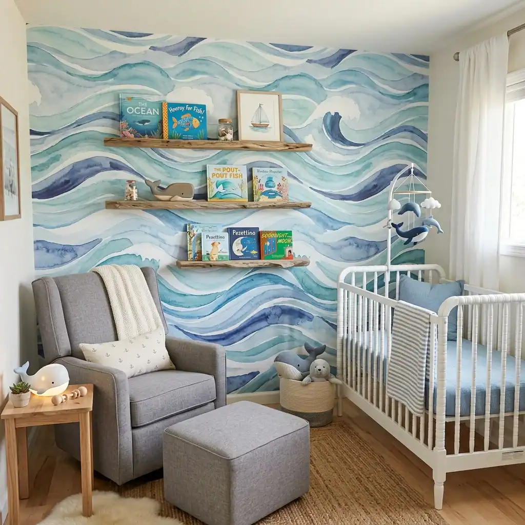 Ocean wave wallpaper in a heather gray nursery.