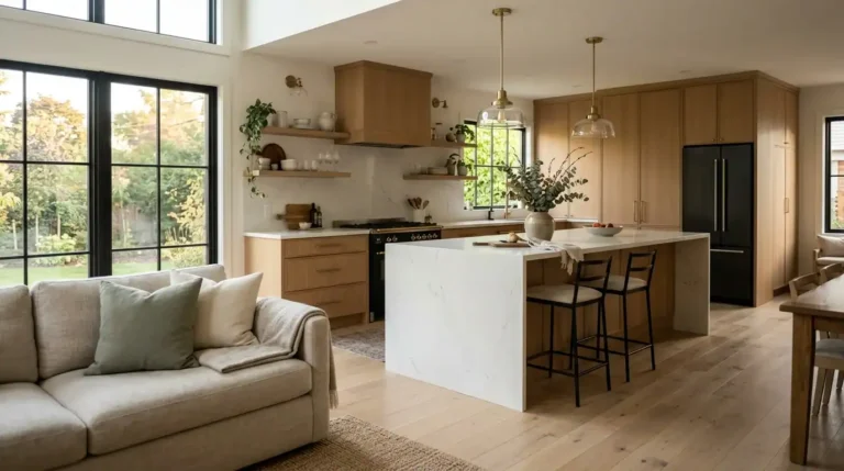 bright open kitchen layout with large island and natural light
