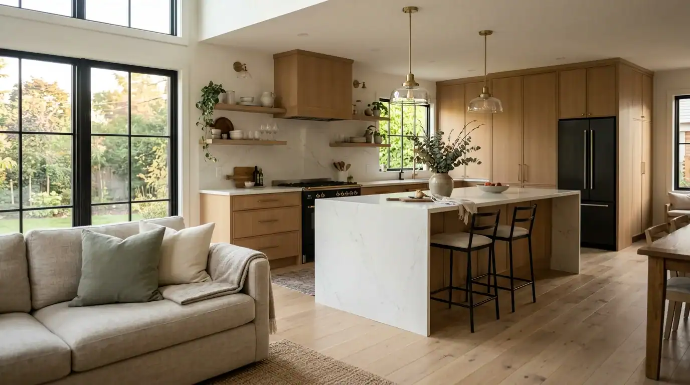 bright open kitchen layout with large island and natural light