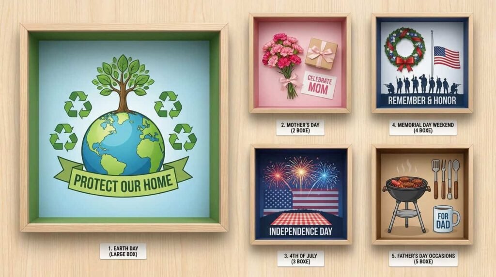 A Gallery image of 5 different holidays Mothersday, Earth day, 4th of July, Memorial Day Weekend, and Father's Day