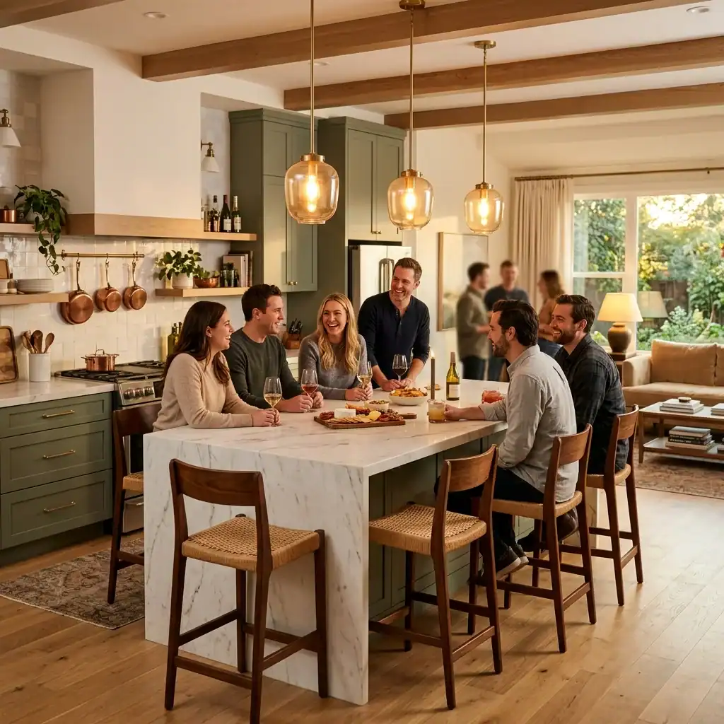 large white marble kitchen island with seating for entertaining guests