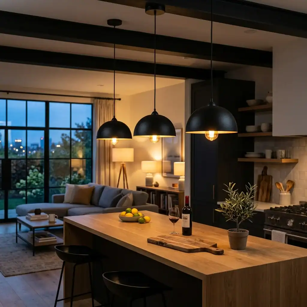 black statement pendant lighting hanging over an open kitchen island