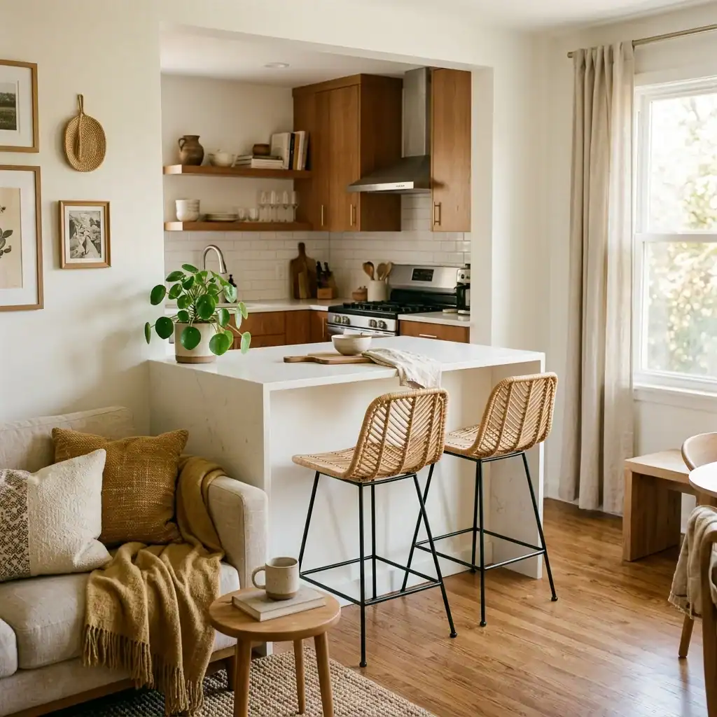 small open kitchen with white peninsula and counter stool seating