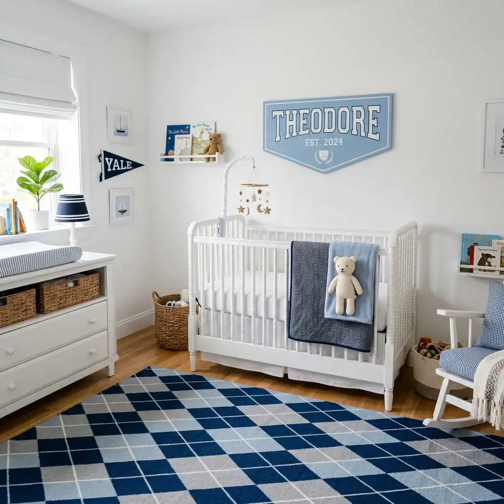 Preppy argyle pattern in a baby boy blue nursery.