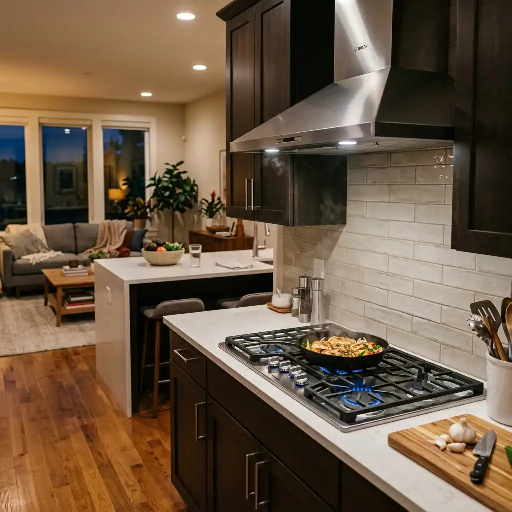 stainless steel range hood over a cooktop in an open kitchen layout
