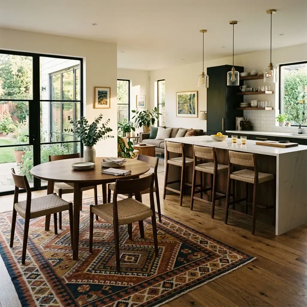 area rug and counter-height bar stools zoning an open kitchen space