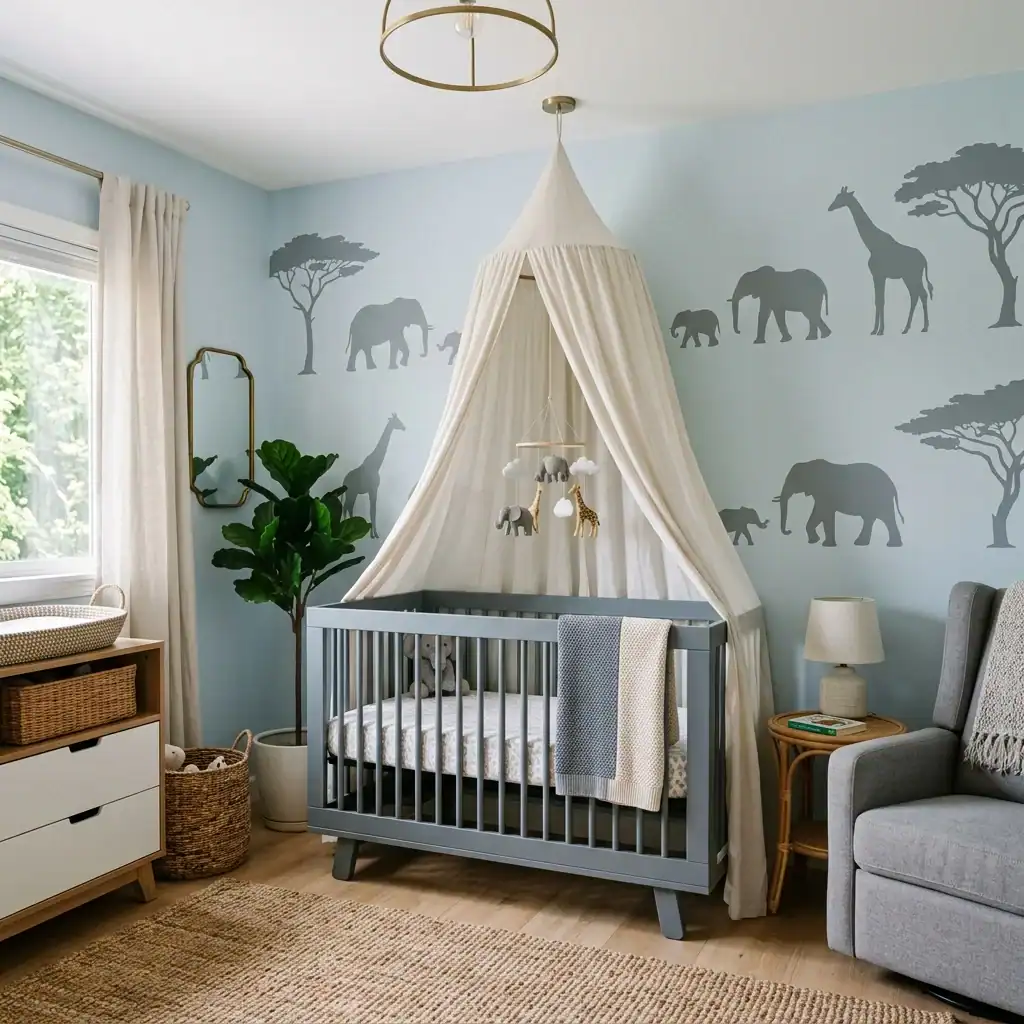 Safari animal silhouettes in a steel blue nursery.