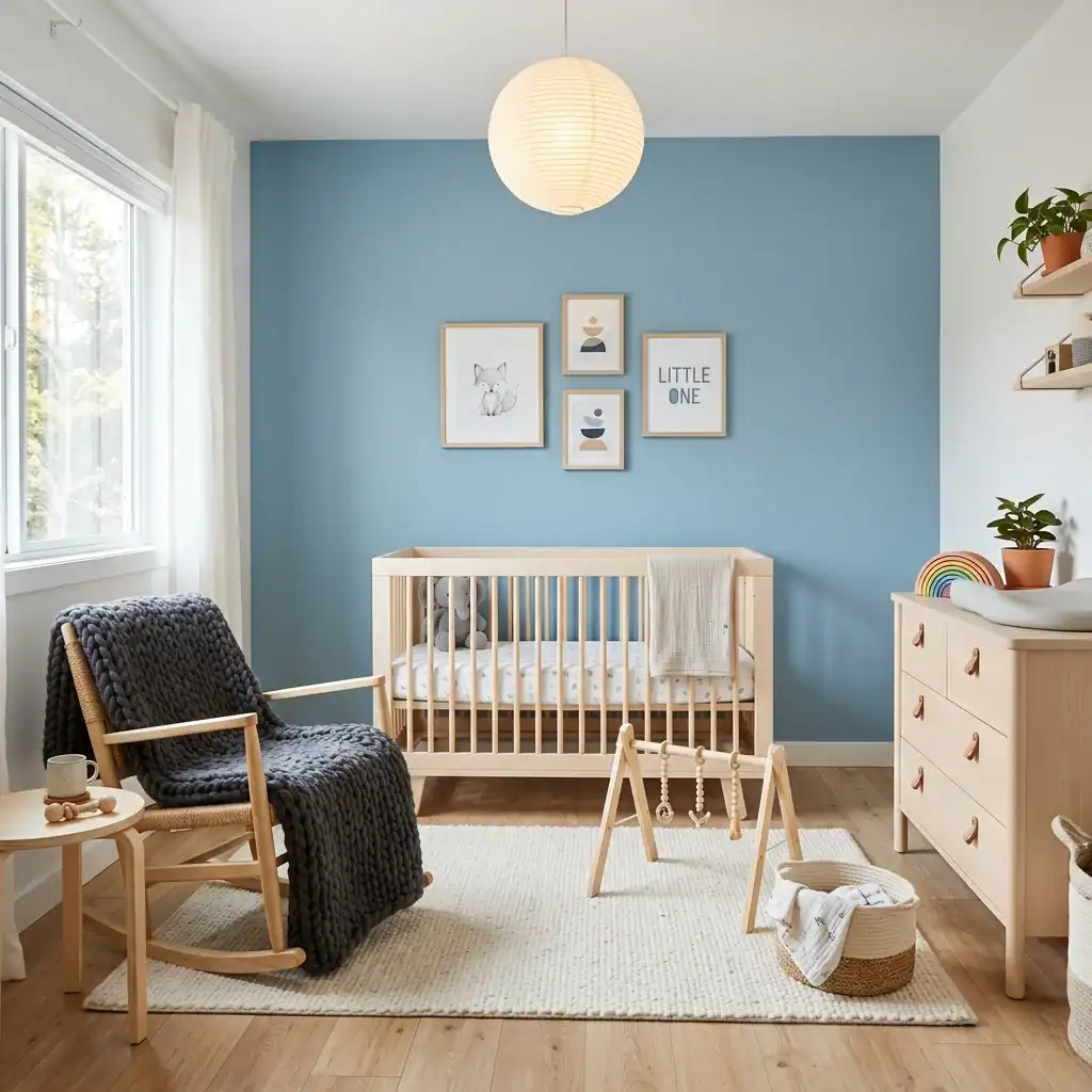 Scandi minimalist ice blue and charcoal baby room.
