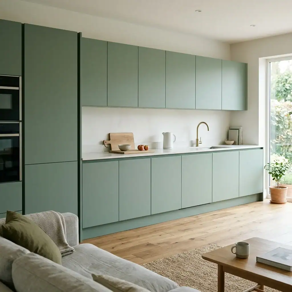 flat front handleless cabinets in a seamless open kitchen design