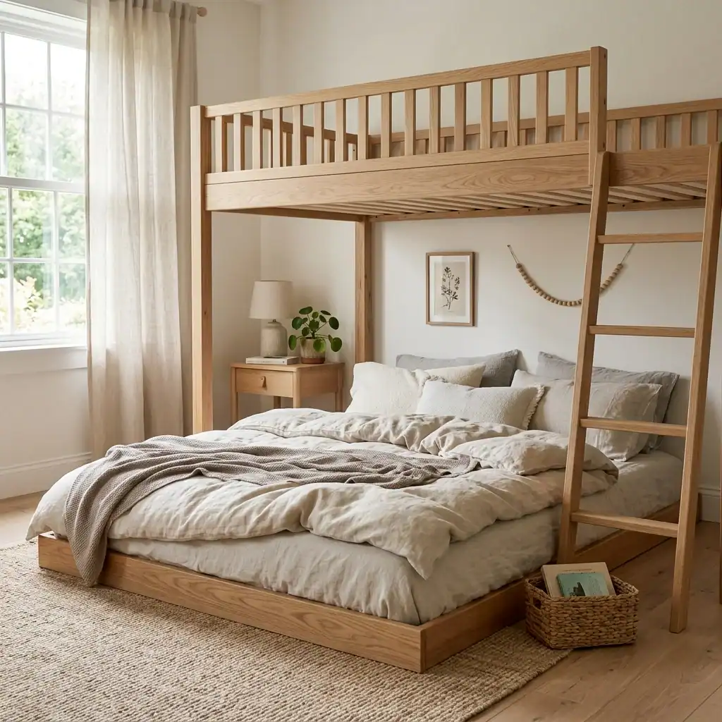 Bunk bed with a bottom floor mattress for siblings