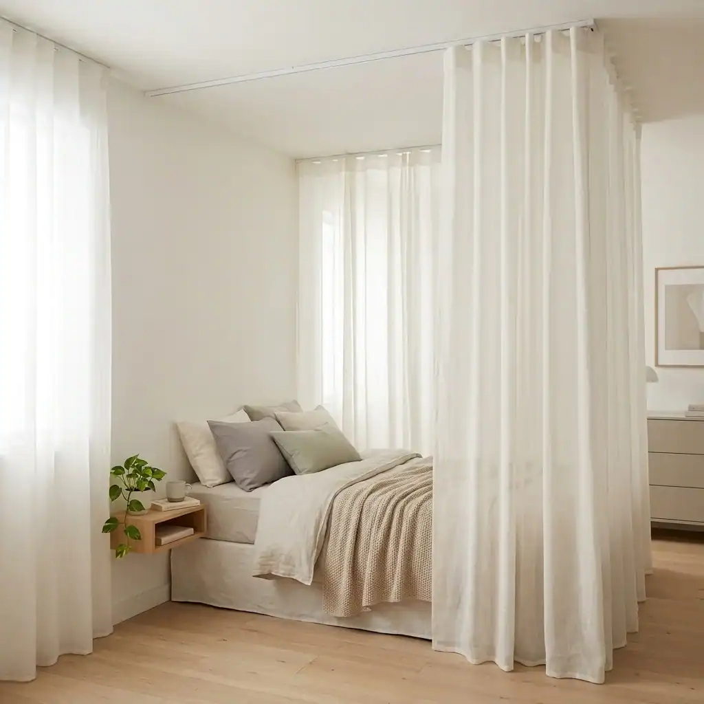 Curtained sleep zone for privacy in a shared kids room