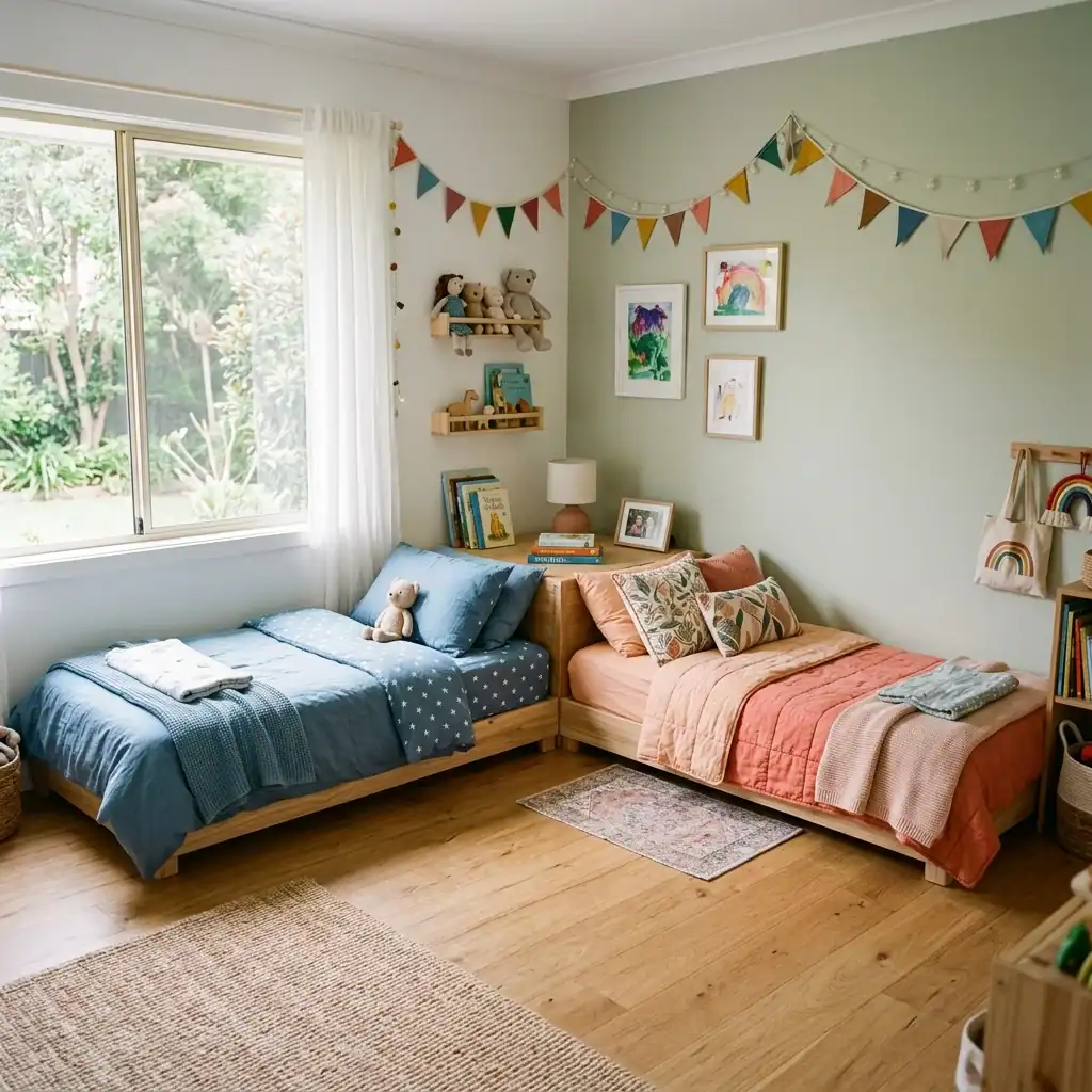 L-shaped toddler bed layout for a shared kids room