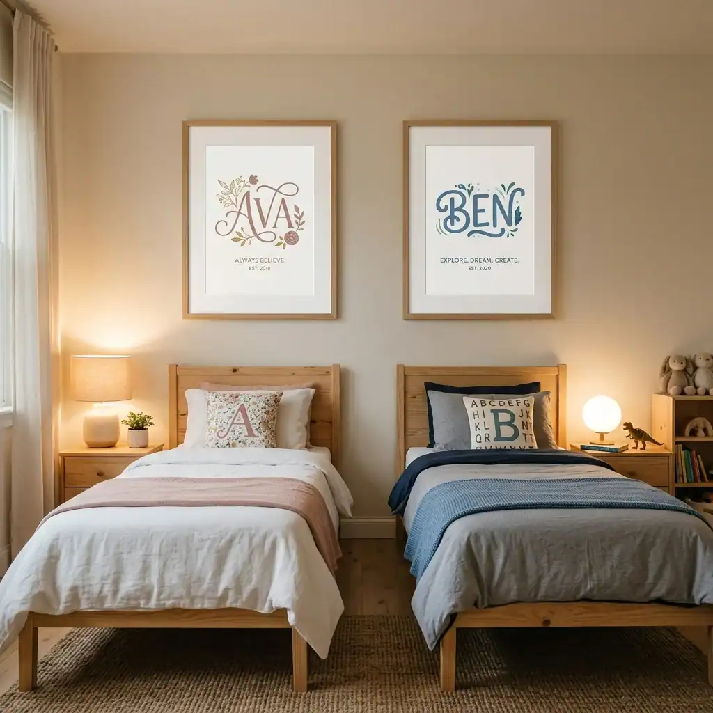 Personalized wall art over each bed in a shared room