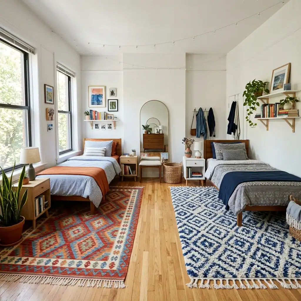 Area rugs used to separate zones in a shared kids room