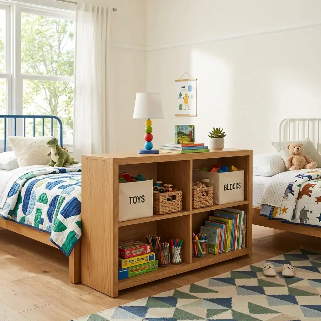 Dual-purpose storage room divider for a shared kids room