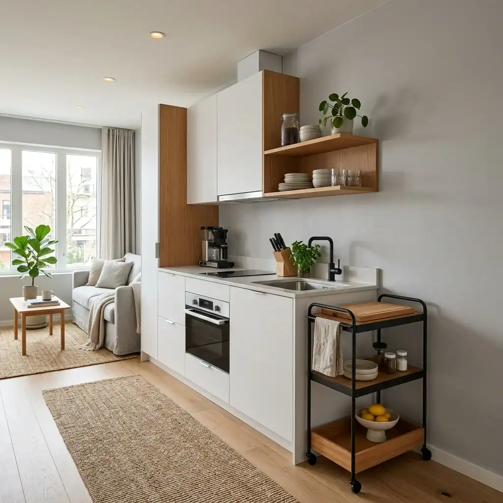 minimalist single-wall open kitchen in a small open concept home
