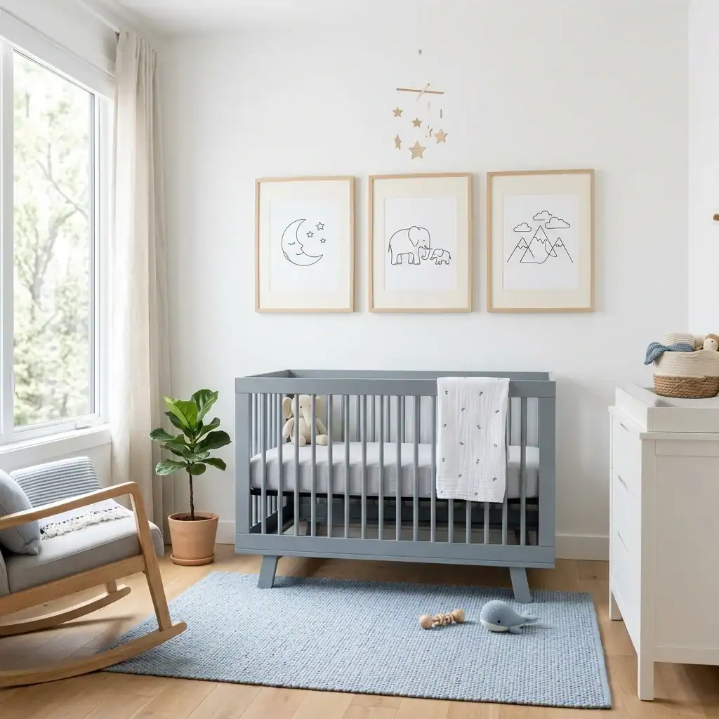 Minimalist baby boy blue nursery with slate gray.