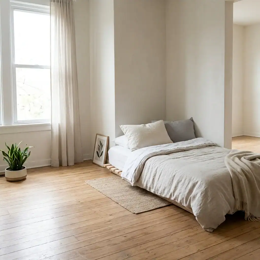 Compact corner bed placement in a small kids bedroom