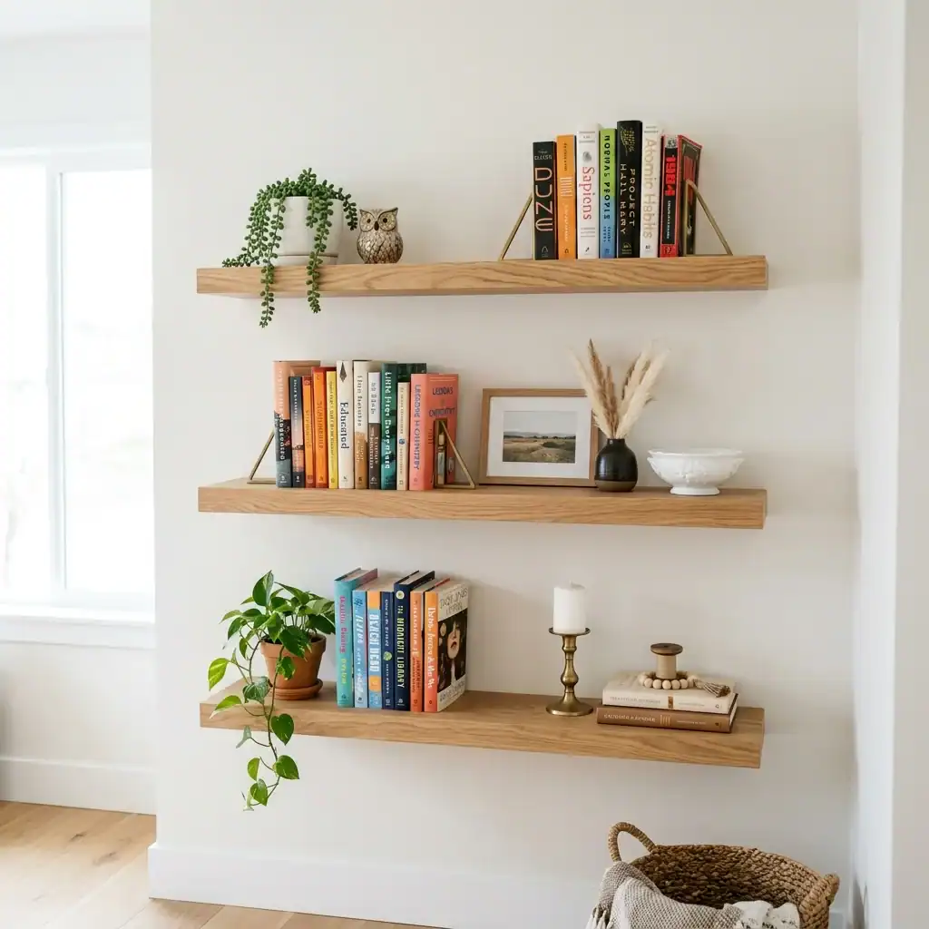 Floating shelves to save space in a small kids bedroom