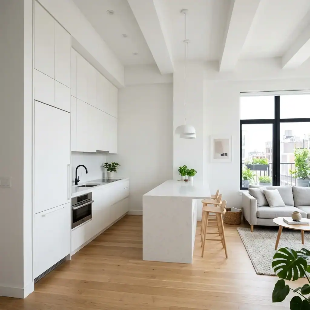 small open kitchen layout with tall cabinets and open sightlines